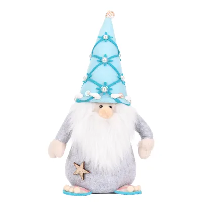 Blue Cone Hat Coastal Gnome Plush Pearl Beaded Doll with Wooden Starfish Badge for Nautical Beach Room Decor Wholesale
