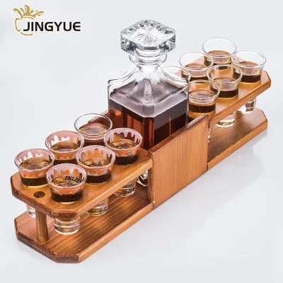 Home Bar 25oz Square Liquor Crystal Glass Dispenser Decanter and Shot Glasses Set With Wood Stand Holder for Party Birthday Gift