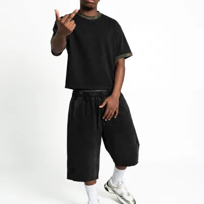Wholesale Men's Cropped t Shirt and Baggy Capri 2 Pieces Summer Clothing Set Street Wear Clothing for Men Designer