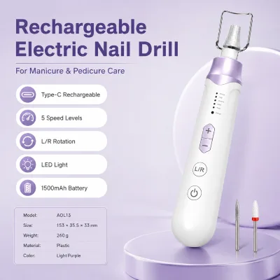 Rechargeable USB C Cordless Electric Nail Drill 1500mAh 5 Speed Levels L/R Rotation LED Light Drill Bits Professional Portable