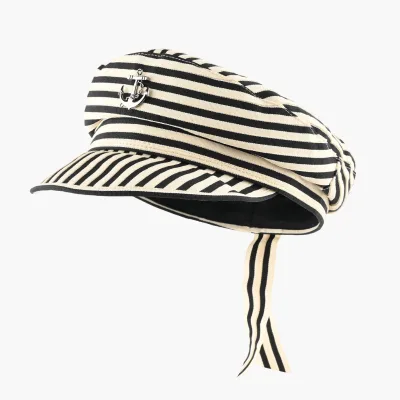 Summer Fashion Outdoor Striped Beret Hat with Anchor Metal Design Korean Chic British Cadet Cap for Women