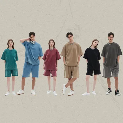 Plain Wholesale t Shirts Short Set 2 Piece Set Mens t Shirt and Shorts Sets Washed Oversize 100% Cotton Men Tshirt