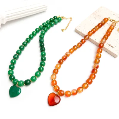 Natural Stone Heart Pendant Necklaces for Women Handmade Double Layer Gemstone Beaded Necklace Boho Statement Jewelry Gift