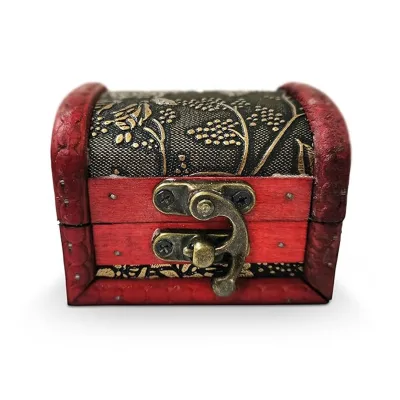 Small Wooden Treasure Chest with Unique Pirate Ornament Design 3.2x2.4x2.4 Inch Mini Lid Decorative Jewelry Box Storage