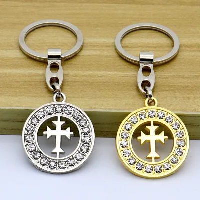Wholesale Crystal Rhinestone Cross Keychain, Hollow Round Catholic Christian Faith Charm Keyring for Religious Souvenir Gift
