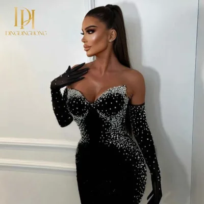 Winter  an A-line Long Dress with Strapless Straps for Foreign Trade  Sexy Pearl Decoration  Beaded Chiffon