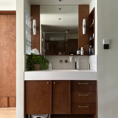 Bespoke Mid Century Modern Bathroom Cabinet Set Eco Friendly Plywood Floating Vanity Integrated Mirror Cabinet Storage