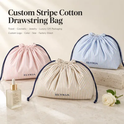 Custom Printed Logo Beige Stripe Cotton Large Round Drawstring Gift Cosmetic Bag Luxury Hair Bundle Wig Packing Pouch