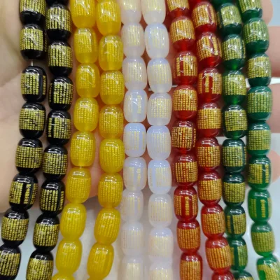 Natural Red Green Black Yellow White Agate Engraved Gold Heart Sutra Buddhist Prayer Beads for DIY Jewelry