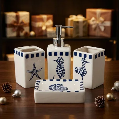 Custom logo White Ceramic Shell Bathroom Accessories Four-Piece Eco-Friendly Bathroom Set