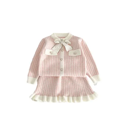 Autumn Winter Two-Piece Sweater Skirt Set for Girls New Release Kidsren Knitted Cardigan Skirt Suit Small Fragrant Plaid Pattern