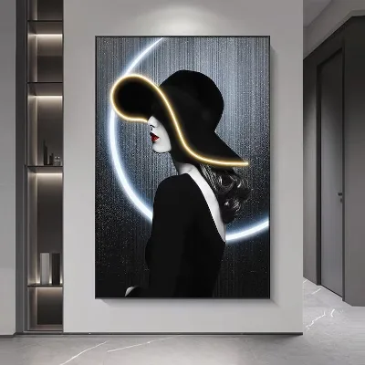 Lady Portrait Woman Picture Black and White LED Glass Painting Luxury Style Tempered Glass Wall Art Decor Crystal Porcelain