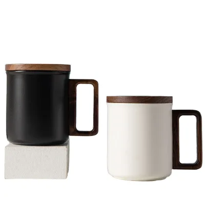 Wholesale 12oz Ceramic Coffee Mug Custom Nordic Design With Matte White Black Colors High-Capacity Wood Handle Lid for Gift Use