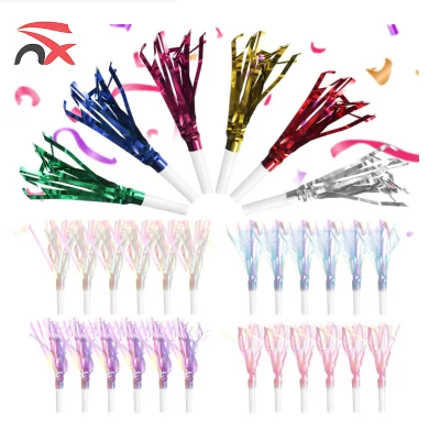 High Quality Cheering Noisemakers Non-toxic Glitter Tassel Metallic Fringed Party Horns for Birthday Decorations
