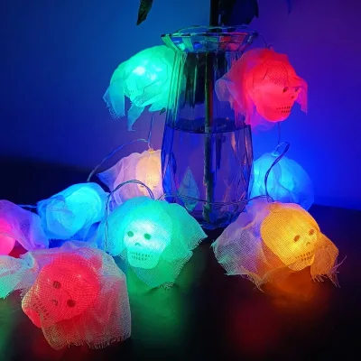 2AA Battery Operated 10 Led Steady on Halloween Festival Gauze Skull Night Club Led Lights Ghost Horror Decorative String Light
