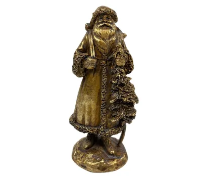 Resin Santa Figurine; Christmas Santa Antique Golden with Gift Bag for Mantle, Bookshelf, Tabletop