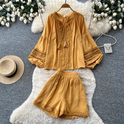 Women Summer Boho 2 Piece Outfit Lace Trim Lantern Sleeve Tassel Tie Neck Loose Top Elastic Waist Shorts Casual Vacation Wear