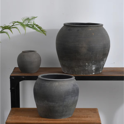 Chinese Antique Pottery Pots Old Original Shanxi Flower Pots Grey Clay Pots