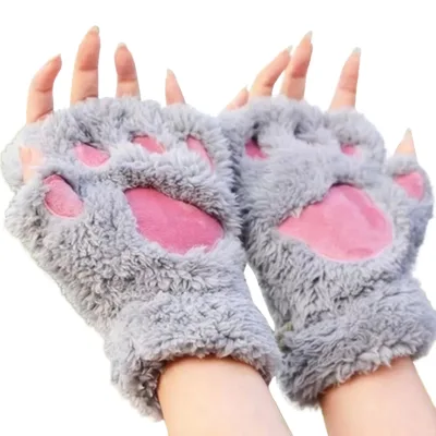 F34 Fashion Women Girl Lovely Winter Cute Mitten Soft Half Finger Gloves Fingerless Gloves Warm Paw Cat Claw Plush Winter Autumn