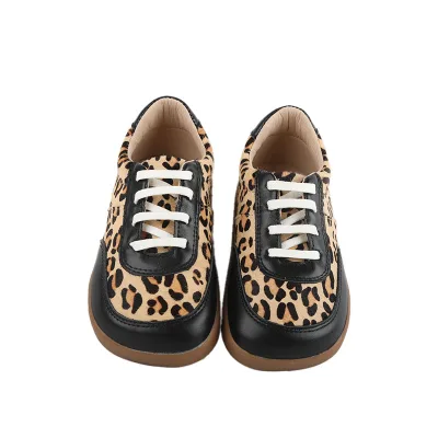Unisex Leopard Print Sneakers - Black Leather Overlay, White Laces, Soft Rubber Sole for Daily Wear