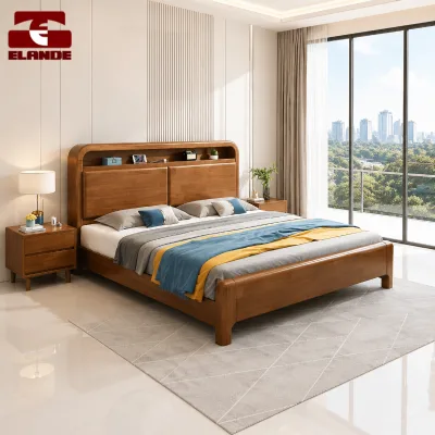 Scandinavian Solid Wood Extendable Storage Bed with Bookcase Headboard Hydraulic Lift Platform Bed Modern Bedroom Furniture