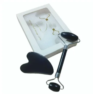 Set regalo de belleza rodillo masajeador y raspador de jade natural obsidiana