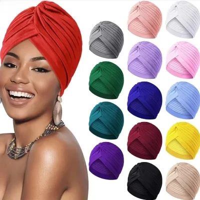 Women Knotted Sleep Turbans Headwraps Muslim Indian Hat Plain Cancer Chemo Twist Cap