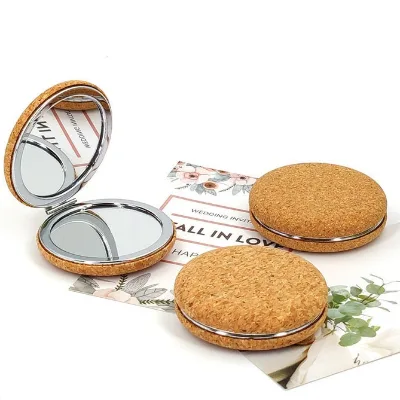 Folding Makeup Double-sided Portable Small Round Mirror Bread Cork PU Leather Makeup Mirror
