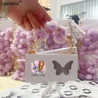 pink Black White Eyelash Packaging Box with Key Chain Luxury Empty butterfly Lashes Boxes with Pompom Chain