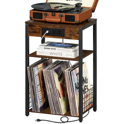 Custom 2 Tier Vintage Ironwood Turntable Wall Mounted Vinyl Record Player Stand with Storage