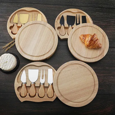 Factory Wholesale Wood Cheese Knife Set Custom Logo Round Wooden Box Cheese Tools Set for Wedding Party Gift Bulk Supply