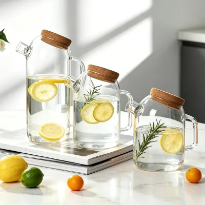 Factory Wholesale 3 Size Borosilicate Glass Pitcher Cork Sealing Lid With Handle Custom Logo Kitchen Cold Drink Carafe Supply