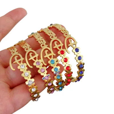 QIUHAN Personalized Birthstone Cuff Bracelet for Kids Custom Flower Name Bangles