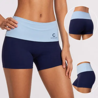 Wholesale Custom Logo Foldable Waist Biker Shorts Women Color Blocking Gym Running Activewear Pants