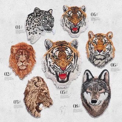 Customized Domineering Animal Shape Clothing Applique lion tiger Leopard Iron on Embroidery Patches Decoration Sticker for Bag