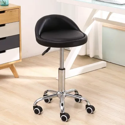 Black PU Leather Round Rolling Stool With Back Rest Height Adjustable Swivel Medical Task Chair With Wheels