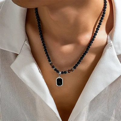 Vintage Stainless Steel High Quality Geometric Tiger Stone Handmade Acrylic Beaded Charm Pendant Necklace for Men Jewelry
