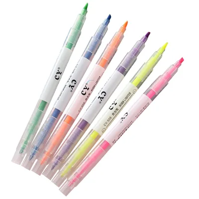 Factory Direct Double-Head Highlighter with Oblique Brush Tip 6-Color Fluorescent Key Marking Pen for Paper Writing Stationery