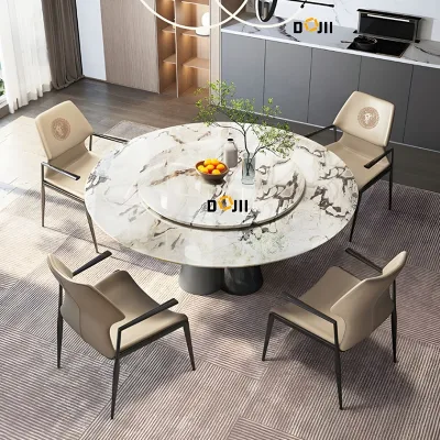 Four-leaf Clover Base Dining Table, Cross Shaped Stainless Steel Pedestal Round Wood Dining Table With Restaurant Coffee 6 Chair