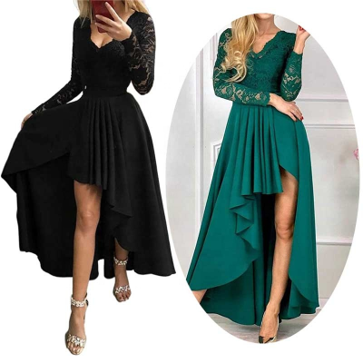 Womens Prom Dresses Floral Lace High Low Evening Gowns Deep V Neck Swing Cocktail Party Dress