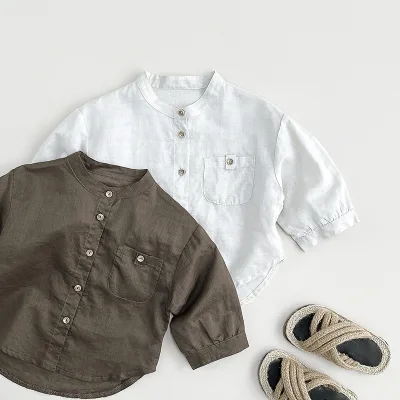 Summer Children Unisex Ramie Cotton Solid-Color Long-Sleeve Mandarin Collar Breathable Baby Shirt