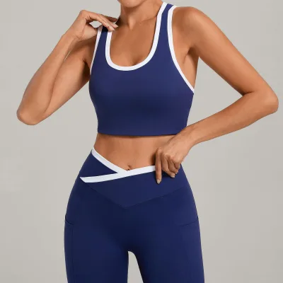 Women U-neck Blocking Color Crop Top Design Back Close Sports Vest for Running Fitness