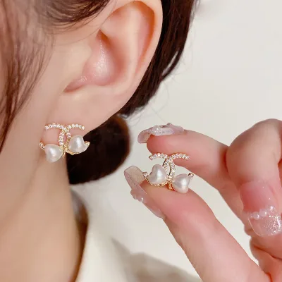 French Double C Letter With Love Pearl Zircon Earrings Women Crystal Bow Luxury Earrings