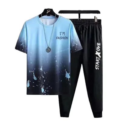 2024 Men's Casual Sports T-shirt Set With Loose Ice Silk Oversized Short Sleeves Paired With Cropped Casual Pants