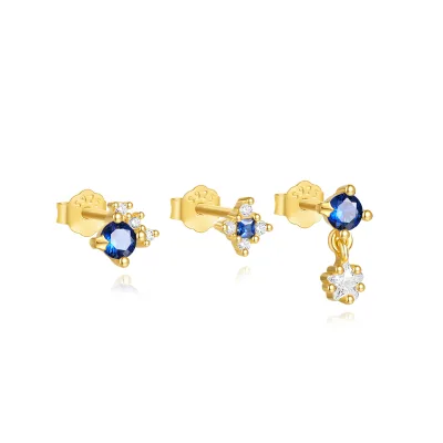 18k Gold Exquisite Small Fantasy Blue Zircon Star Earrings Three-piece Set Design Zircon Earrings