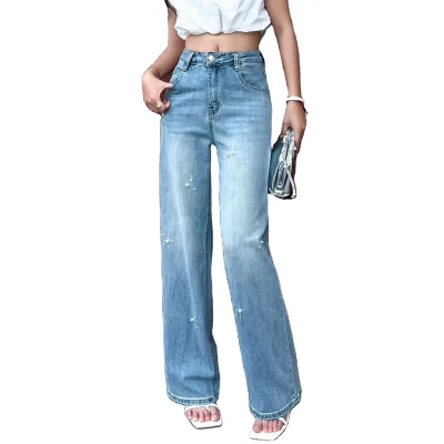 7381 Custom Denim Ultra-thin  Hand Sewing Pearl Drill Wide-leg Pants  Casual Pants Women`s Jeans