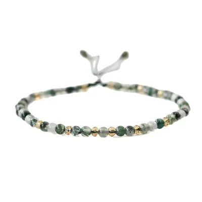 Natural Stone Seaweed Onyx Beaded Bracelet for Women Handmade 3mm Thin Bracelets 925 Sterling Silver Crystal DIY Jewelry