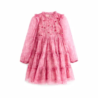 Sweet Floral Spring Girls Embroidered Ruffle Long Sleeve Tiered Mesh Knee-Length A-Line Dress 10-14 Yrs