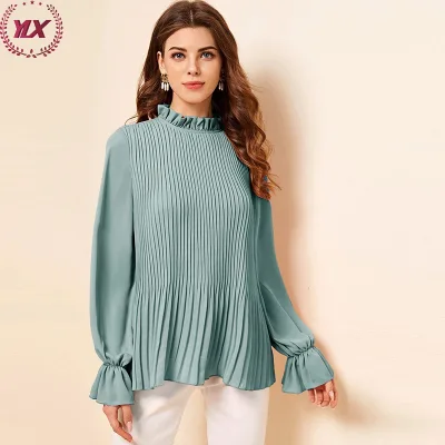 Comfortable Round Neckline Long Sleeve Blouses Plain Pleated Color With Casual Folds