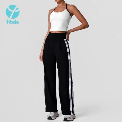Adjustable Asymmetric Straps Breathable Seamless Sports Track Suit Fixed Cup Crop Top Pockets Flare Pants Gym Fitness Active
